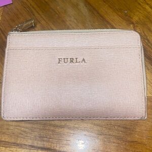 Furla pale pink zip card holder wallet with gold logo